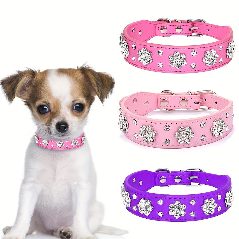 Adjustable Bling Dog Collar with Flower Rhinestones, Hand Wash Only, for Small to Large Pets, Cute Sparkling Pet Collar