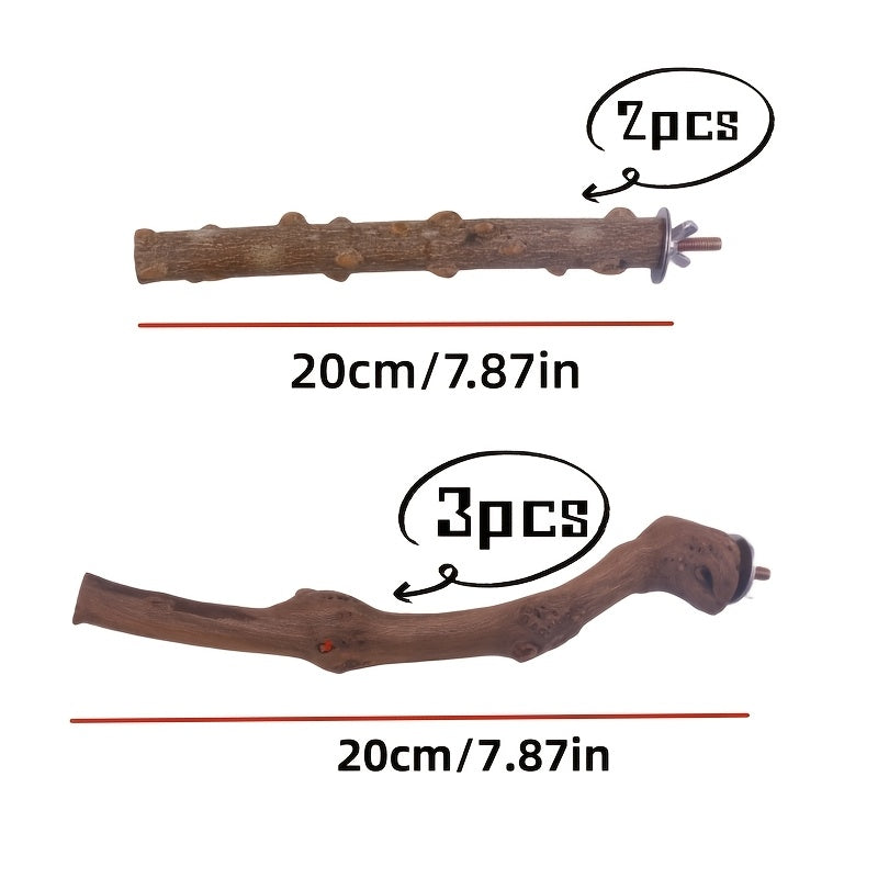 5pcs Natural Wood Bird Perch Set, Durable Grape Wood and Cassia Bark for Parakeets, Sun Conures, Lovebirds, and Small to Medium Species, Bite-Resistant Bird Cage Accessories