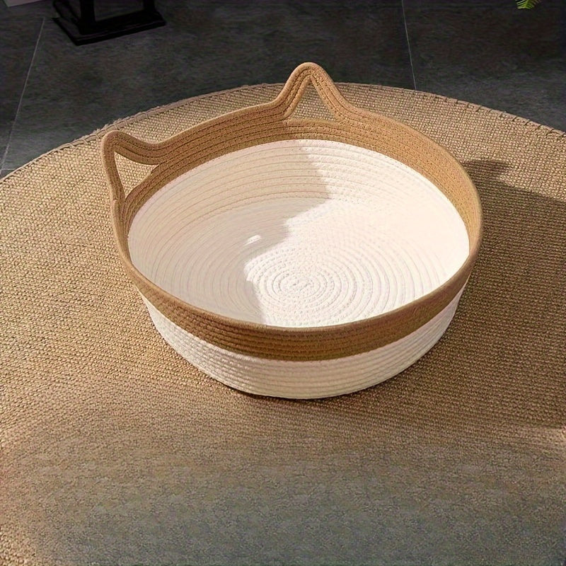 Handwoven Nylon Cat Bed with Cozy Warm Mat, Scratch-Resistant Elevated Basket for Cats, Universal All-Season Pet Furniture