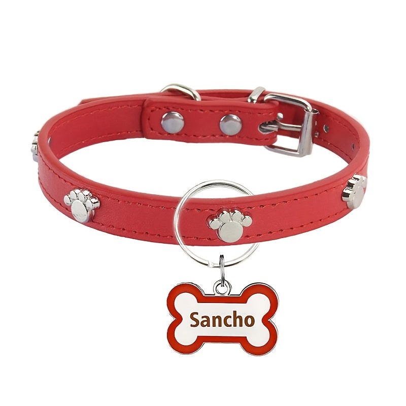 [Anti-Loss Footprint Metal Decorative] Personalized Cortical Dog Collar with Bone-shaped Dog Tag, Double-sided Carved Pet Name and Phone Cat ID Tag, Anti-Loss Footprint Metal Decorative Pet Collar, Dog and Cat Fashion Accesso
