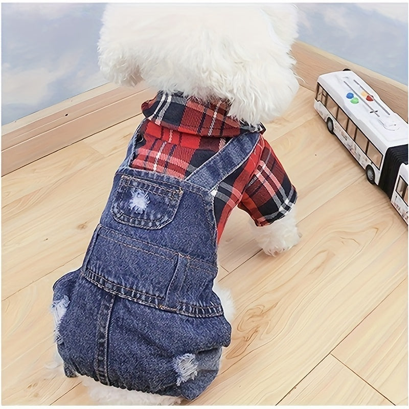 [Stylish Plaid Dog Jumpsuit] Cozy Plaid Denim Dog Jumpsuit - Stylish, Chic Button-Up Design for Small Breeds - Woven Fabric Pet Apparel