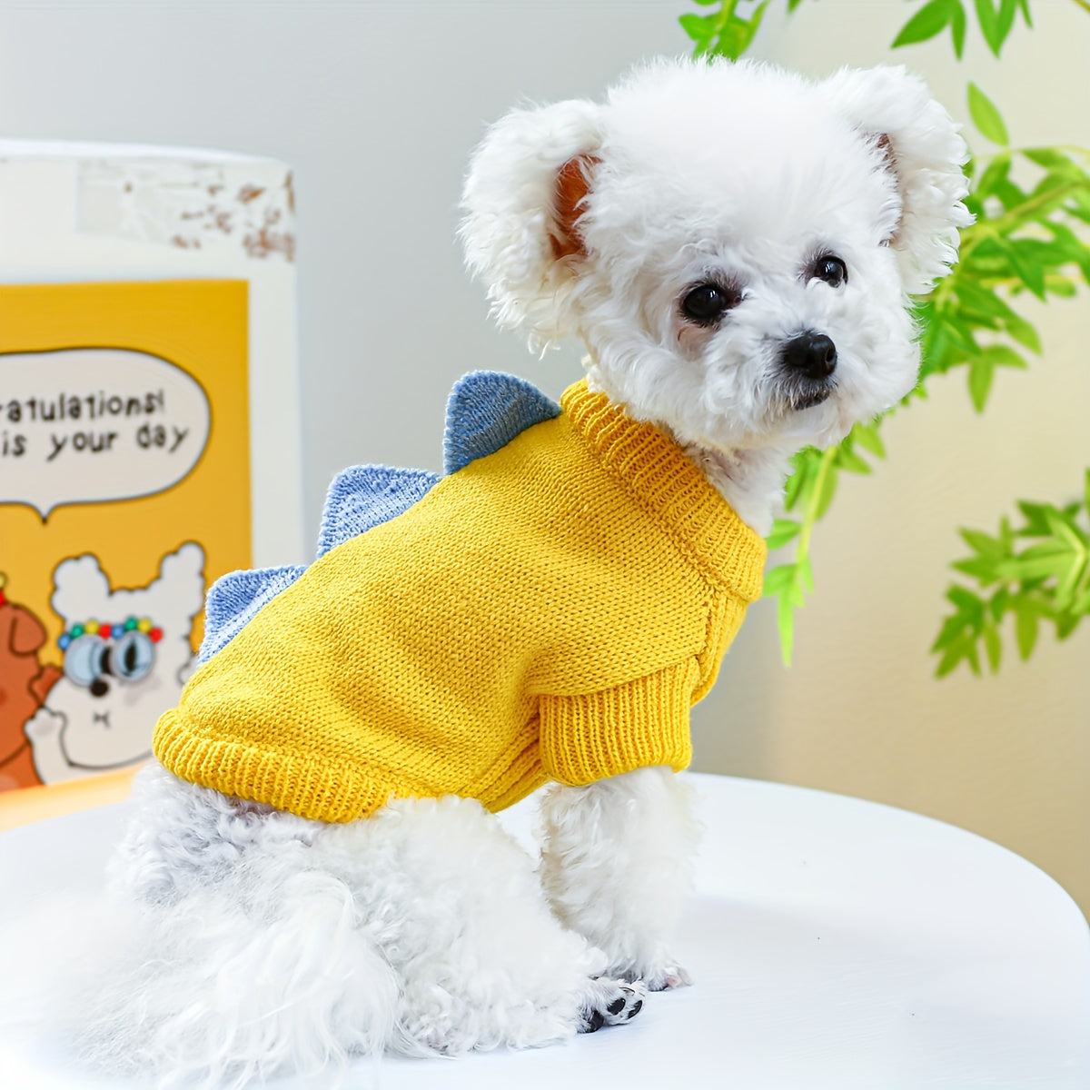 Small Breed Dinosaur Costume Dog Sweater - Yellow Acrylic Knit Pullover for Teddy, Pomeranian, Bichon, Poodle - Warm Autumn and Winter Pet Apparel