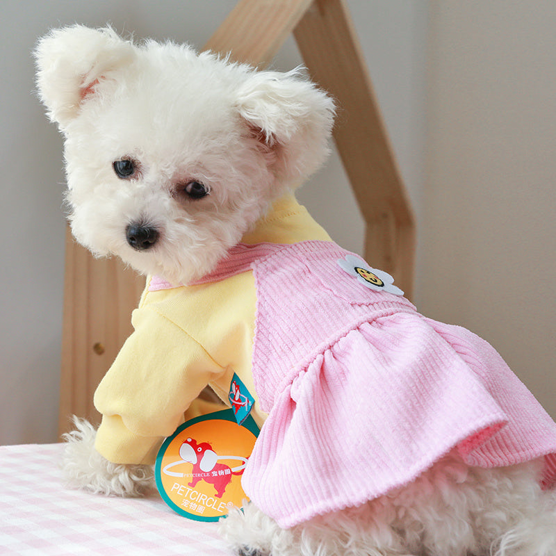 Pink Warm & Comfortable Knit Sunflower Couple Dog Dress - Cozy Pet Apparel for Small Breeds, Fall/Winter