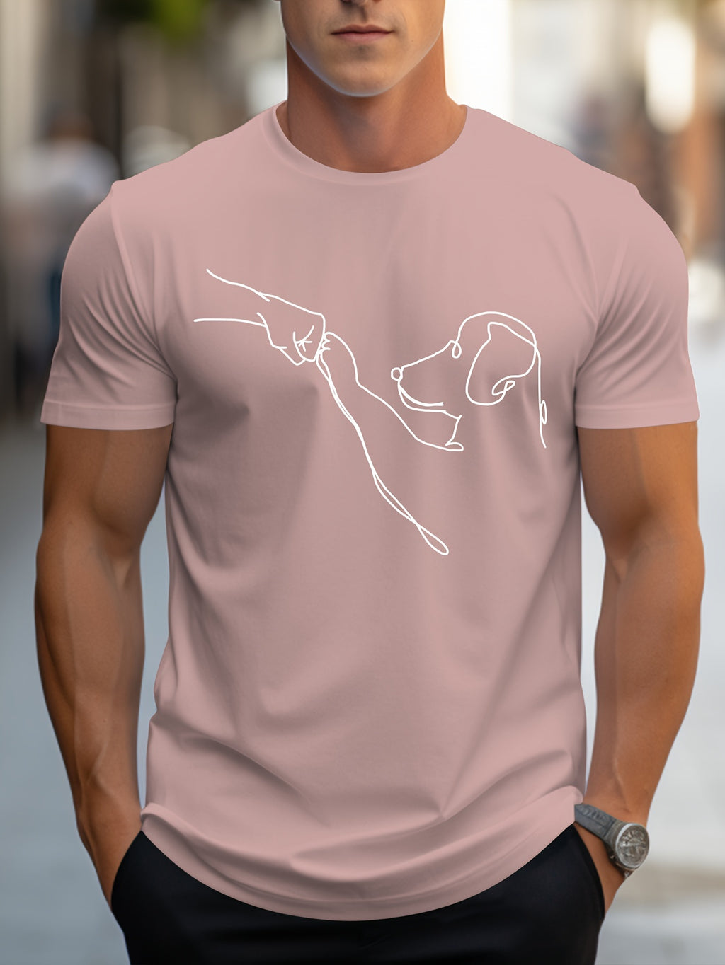 Men's Line Art Dog Print T-Shirt: Poop Scooper Exclusive! Super Cute Hand-Drawn Puppy Sketch, Minimalist Pet Interaction Design – Adorable Paw Print & Leash Graphic Tee