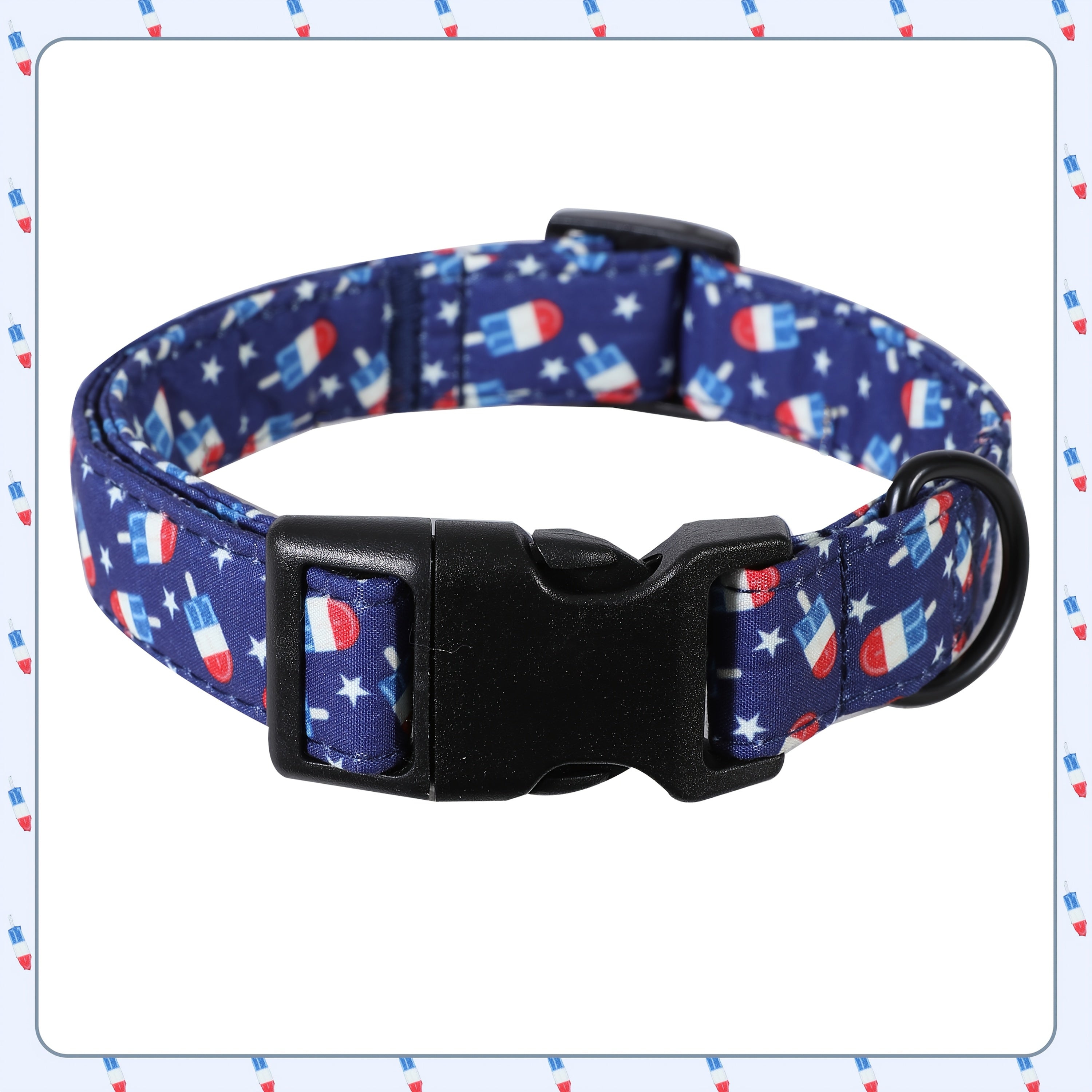Patriotic American Flag Pet Collar with Ice Cream Design - Durable Polyester Dog Collar with Adjustable Strap and Secure Buckle, Fits Small to Large Dogs, Red, White, and Blue Star Motif