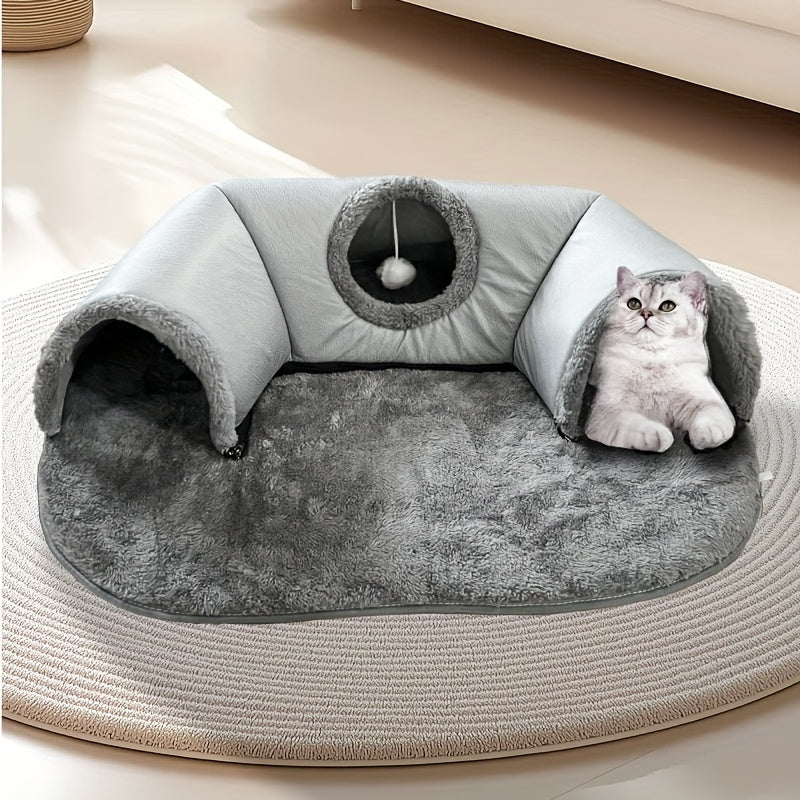[Cozy Cat Tunnel] 3-in-1 Soft Polyester Cat Tunnel Bed & Playhouse | Cozy Hideout for Small Cats & Rabbits up to 8kg, Anti-Slip Bottom & Easy-Clean Design, Durable Pet Furniture