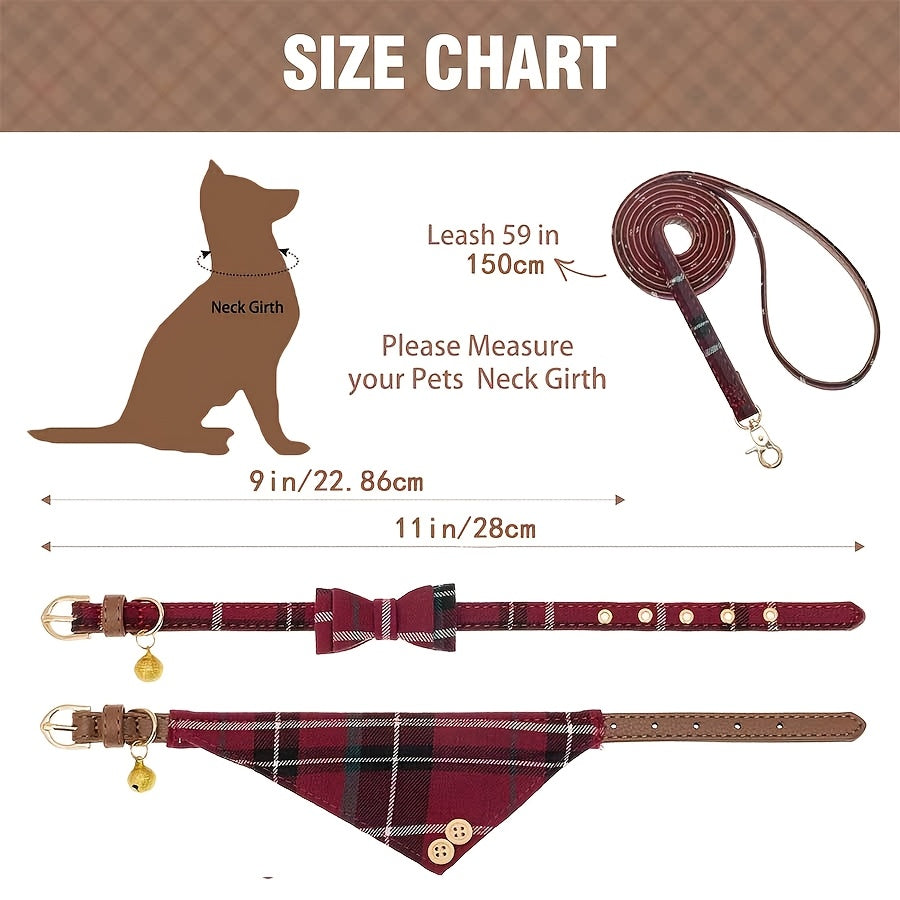 [Red Plaid Pet Harness] 3pcs Red Plaid Pet Harness Set - Adjustable Leather Leash, Machine Washable Polyester Fiber - Ideal for Small Dogs Outdoor Walking