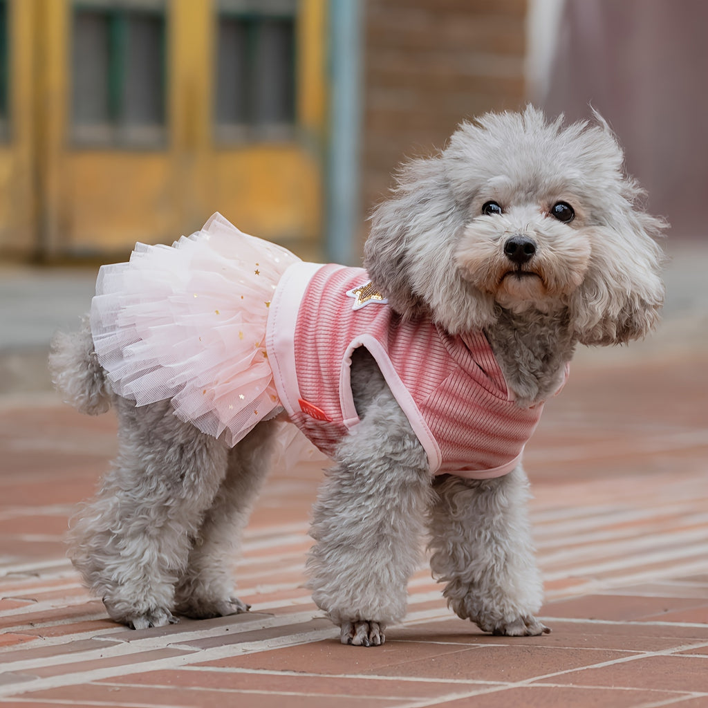 Chic Striped Dog Dress with Hood & Reflective Star Accents - Soft, Comfortable Pullover Pet Apparel for Small Breeds, Machine Washable - Sizes XS to XL