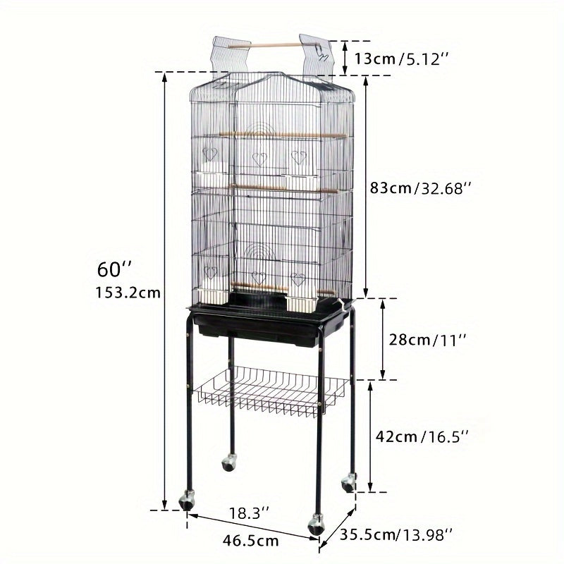 1pc 65-inch Extra-Large Open-Style Bird Cage with Detachable Rolling Stand, Durable Metal Construction, and Spacious Interior for Comfortable Living of Parrots, Lovebirds, Sparrows, Canaries, Long-tailed Small Parrots, Black