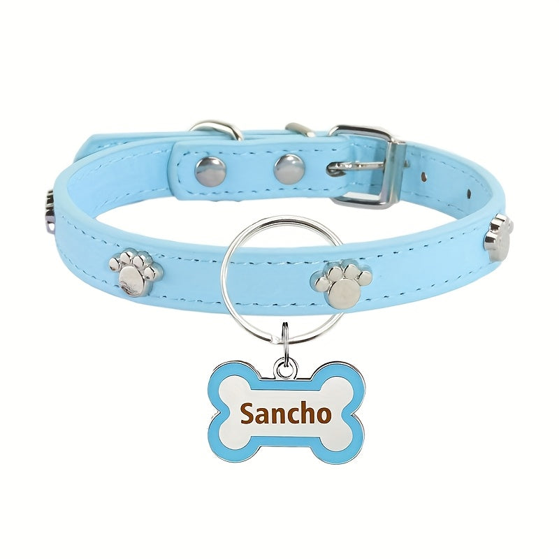 [Anti-Loss Footprint Metal Decorative] Personalized Cortical Dog Collar with Bone-shaped Dog Tag, Double-sided Carved Pet Name and Phone Cat ID Tag, Anti-Loss Footprint Metal Decorative Pet Collar, Dog and Cat Fashion Accesso