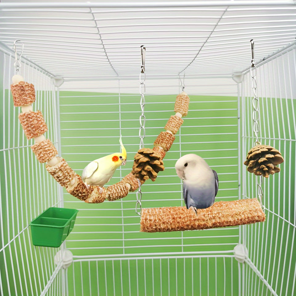 [2pcs Natural Bird Cage Supplies] 2pcs Natural Parrot Bird Cage Supplies, Bird Swing Toy, Natural Corn Cone, Bird Chewing Toy, Climbing Hanging Bridge Toy, Provide Exercise And Entertainment For Birds