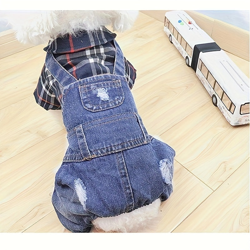 [Stylish Plaid Dog Jumpsuit] Cozy Plaid Denim Dog Jumpsuit - Stylish, Chic Button-Up Design for Small Breeds - Woven Fabric Pet Apparel