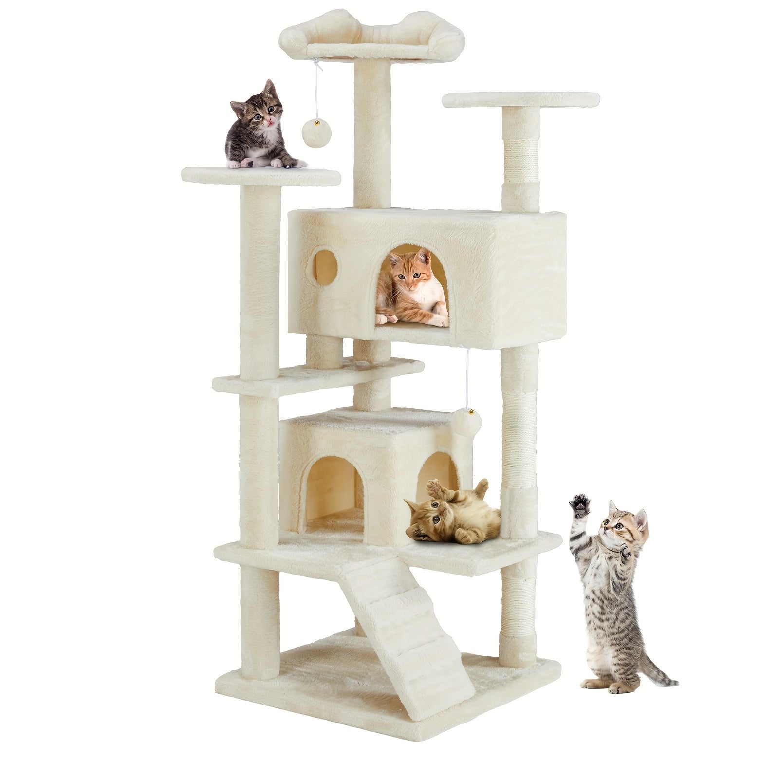 Cat Tree Tower For Indoor Cats, 54in Tall Multi-Level Pet Furniture, Stable Kitty Play House With Sisal Scratching Post, Large Condo, Climbing Ladder, Plush Toy For Kitten