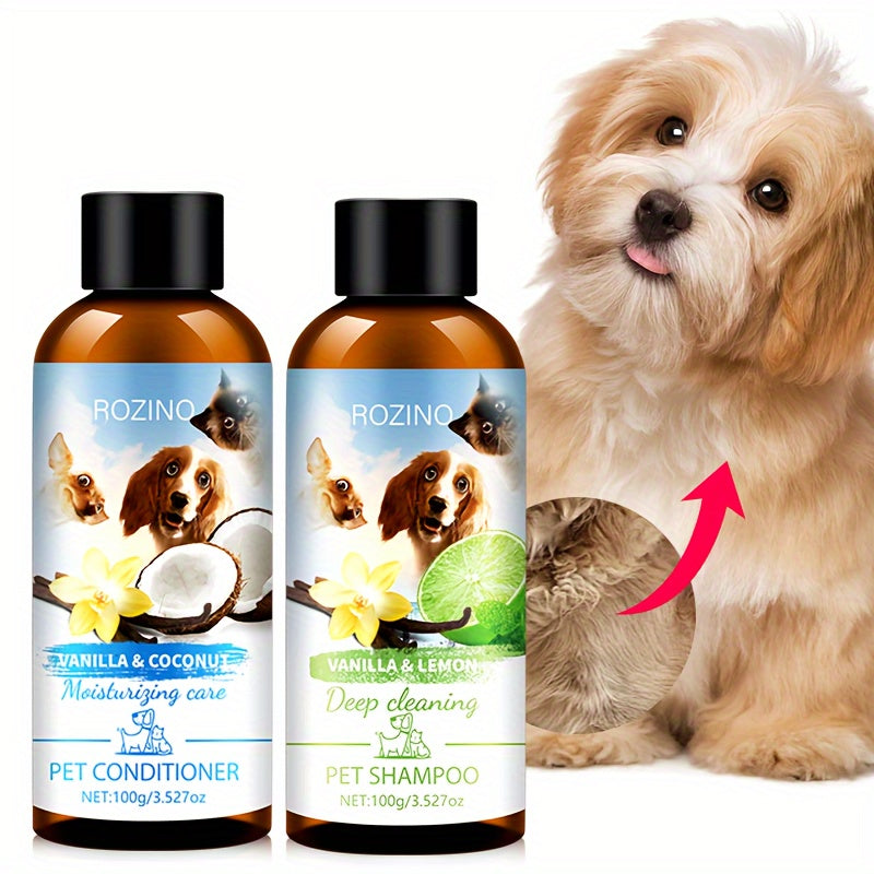2pcs ROZINO Pet Grooming Set - Gentle, Deep Cleansing & Moisturizing Conditioner and Shampoo for All Dog Breeds (Vanilla & Coconut Milk, Lemon & Mint, 100ml Each)