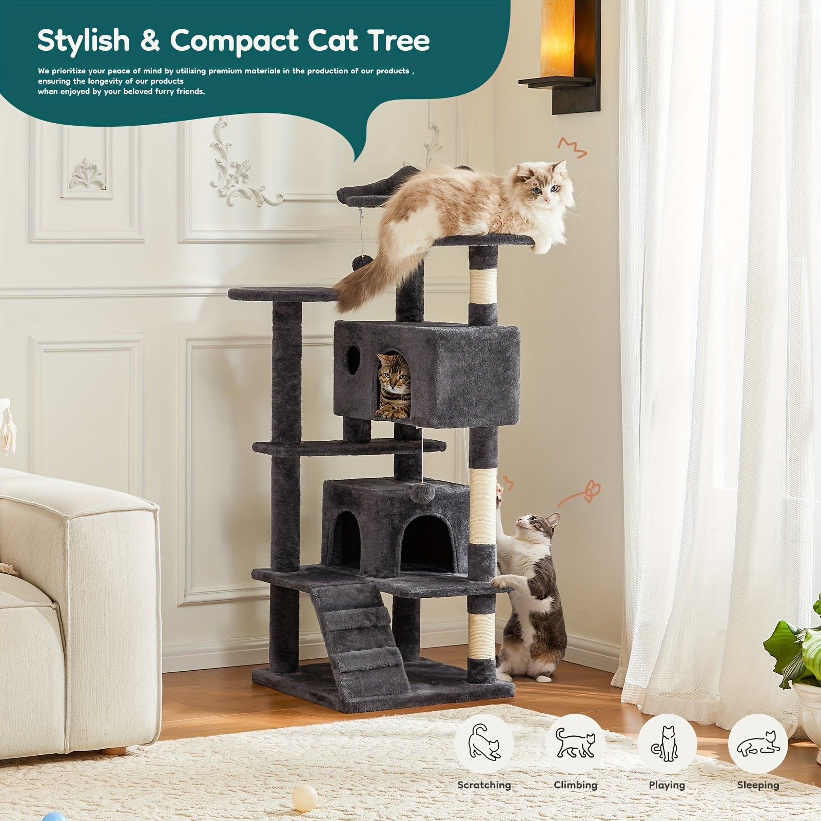 Cat Tree Tower for Indoor Cats, 54in Tall Multi-Level Pet Furniture, Kitty Play House with Sisal Scratching Post, Large Condo, Climbing Ladder, Plush Toy for Kitten