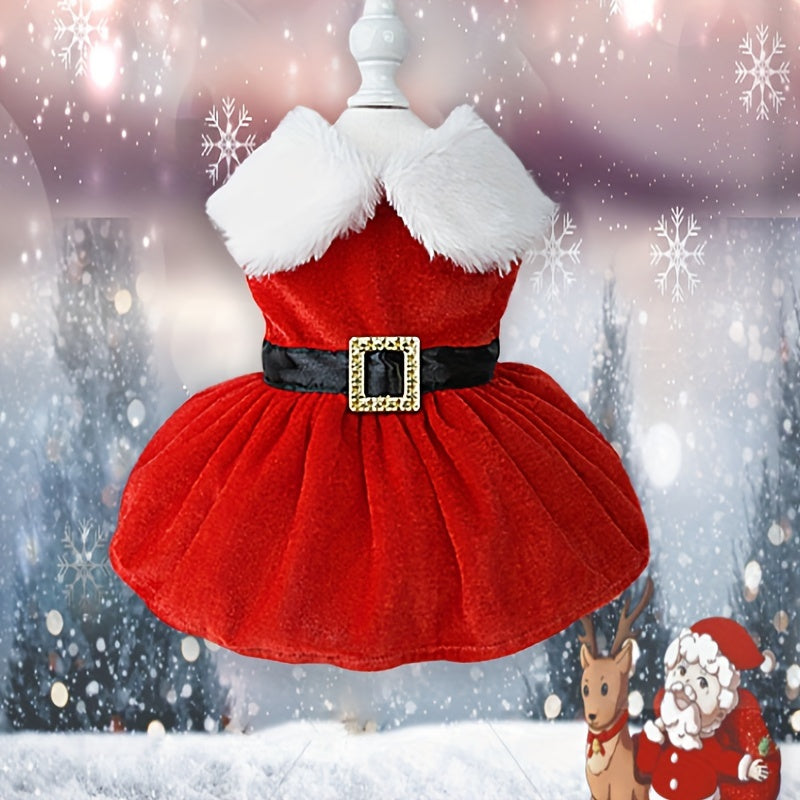 Festive Red Velvet Christmas Dog Dress with Belt - Cozy Winter Pet Apparel for Small to Medium Breeds