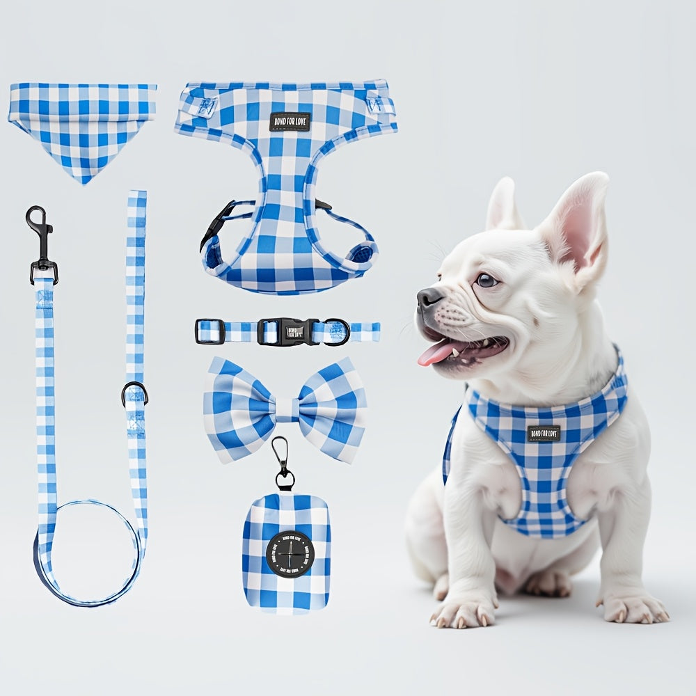 6pcs Plaid Dog Walking Set, Adjustable Pet Harness, 4 Ft Leash, Bowtie, Flag, Waste Bag Dispenser, Polyester Fiber, for Small to Large Dogs, Without Battery