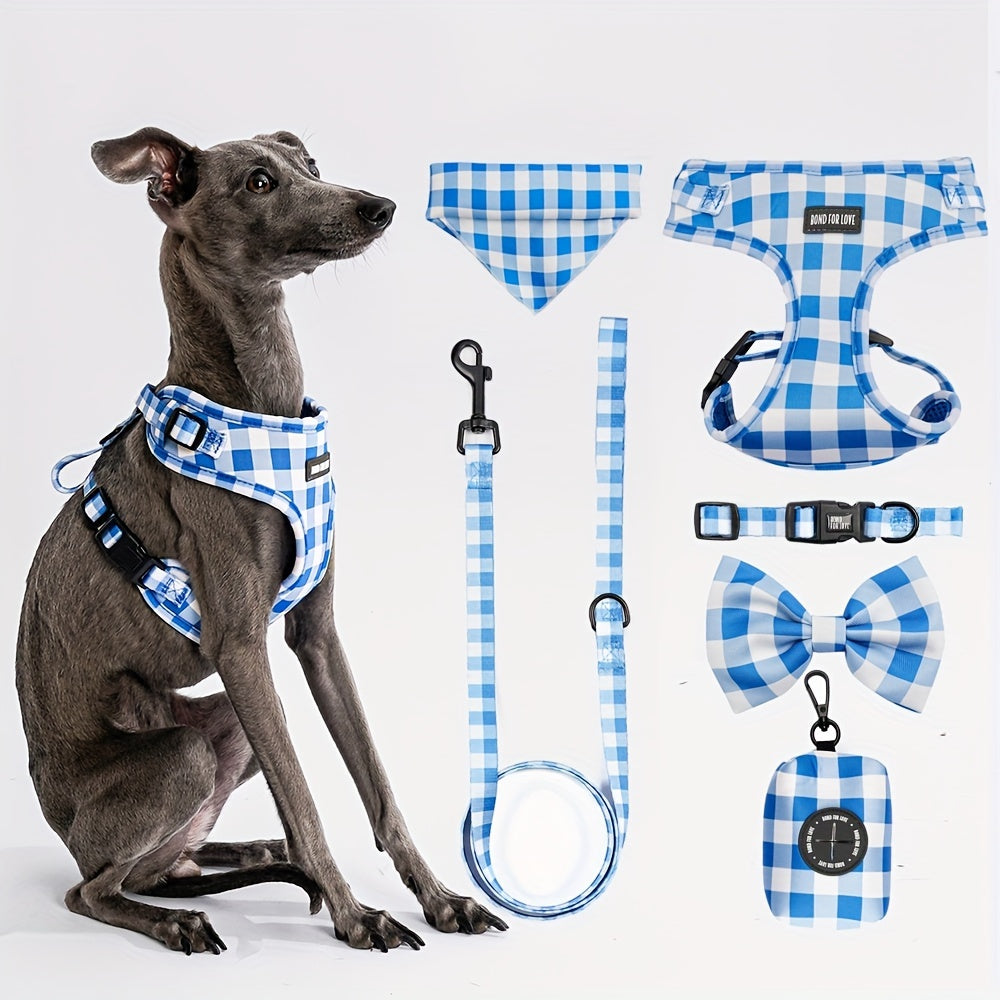 6pcs Plaid Dog Walking Set, Adjustable Pet Harness, 4 Ft Leash, Bowtie, Flag, Waste Bag Dispenser, Polyester Fiber, for Small to Large Dogs, Without Battery