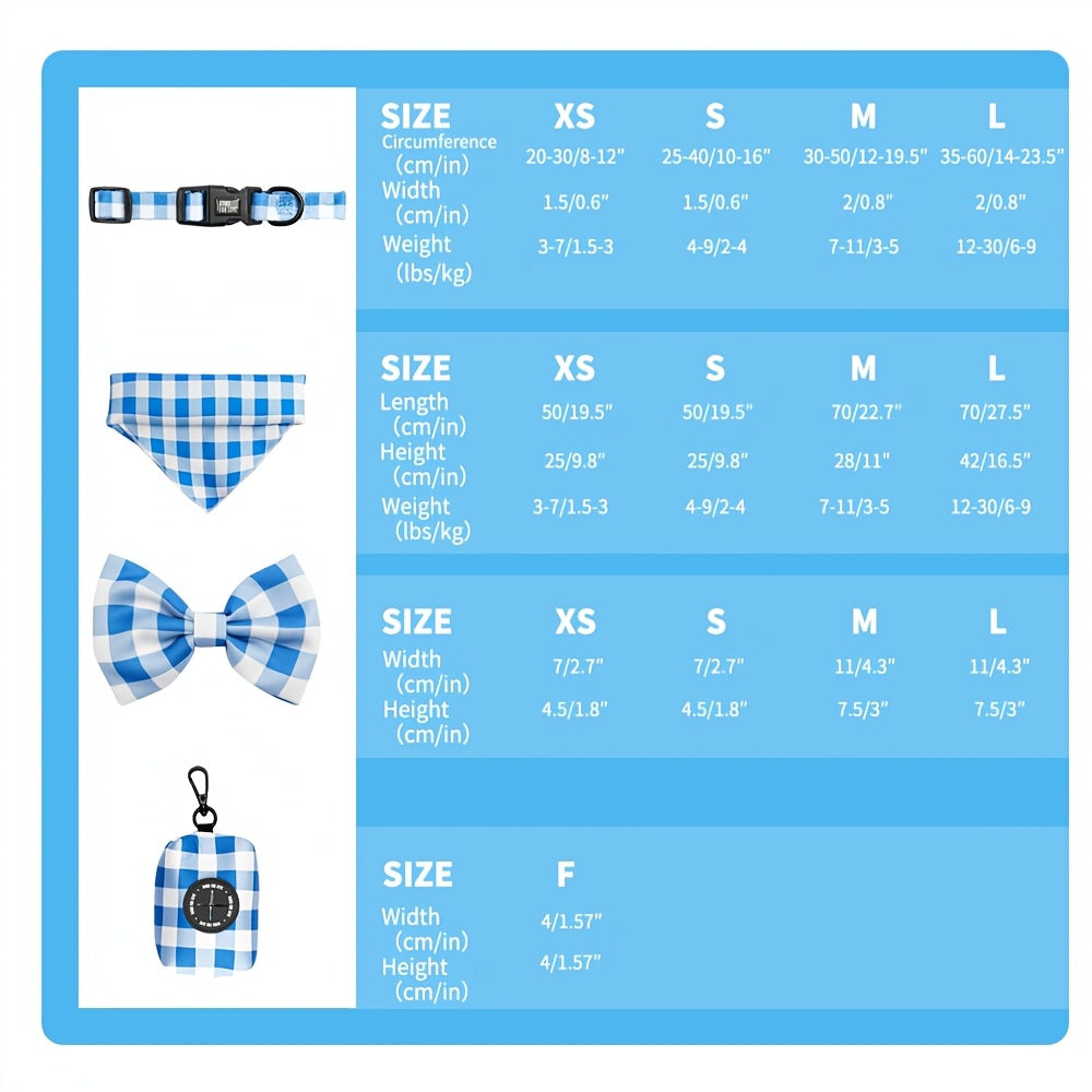 6pcs Plaid Dog Walking Set, Adjustable Pet Harness, 4 Ft Leash, Bowtie, Flag, Waste Bag Dispenser, Polyester Fiber, for Small to Large Dogs, Without Battery