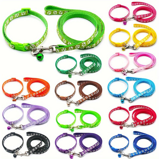 Cute Paw Pattern Nylon Dog Collar - Pet Dog Collar And Leash Set With Bell Long Dog Walking Leash