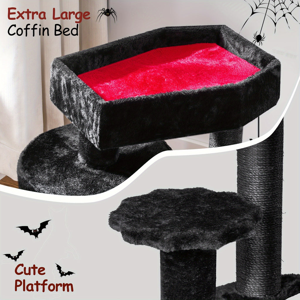 BEWISHOME Gothic Cat Tower With Coffin Bed, Multi-Level Goth Cat Tree Cat Condo With Cat Scratching Post, Spider Hanging Ball Black Red Halloween Kitten Pet Furniture