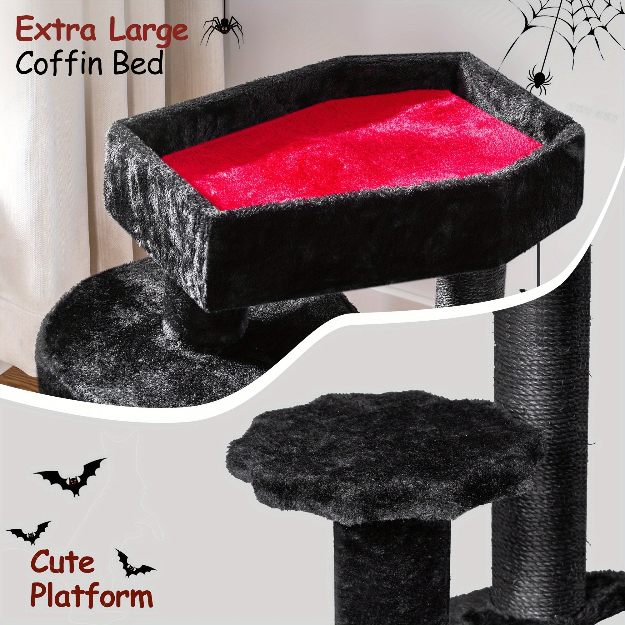 BEWISHOME Gothic Cat Tower With Coffin Bed, Multi-Level Goth Cat Tree Cat Condo With Cat Scratching Post, Spider Hanging Ball Black Red Halloween Kitten Pet Furniture