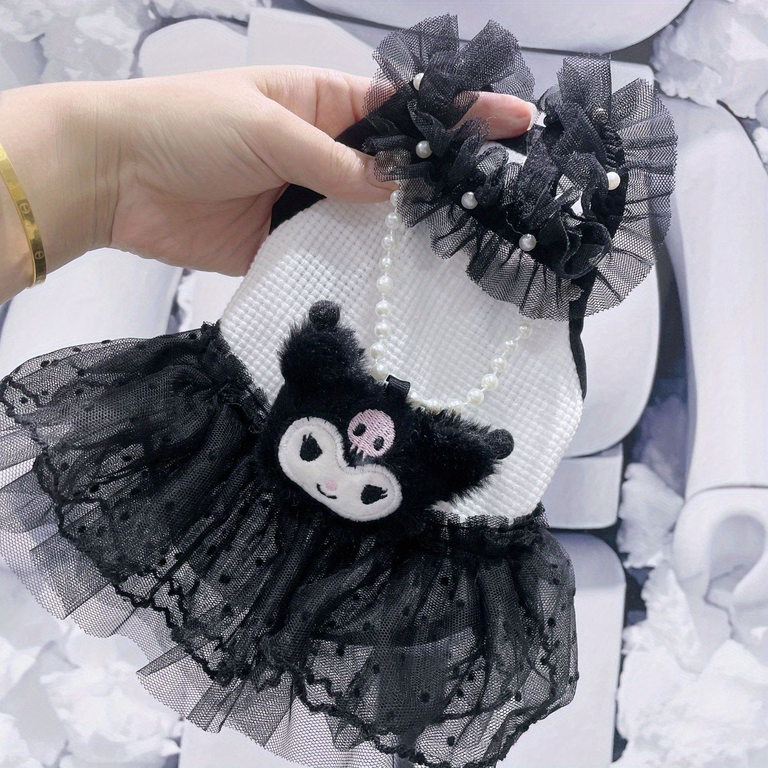[Kuromi Dog Costume Dress] Kuromi Dog Costume Dress - Cute Kawaii Outfit for Small/Medium Pomeranian, Chihuahua, Shih Tzu Puppies - Black & White Pet Apparel, Halloween Dog Costume, Christmas Dog Clothes