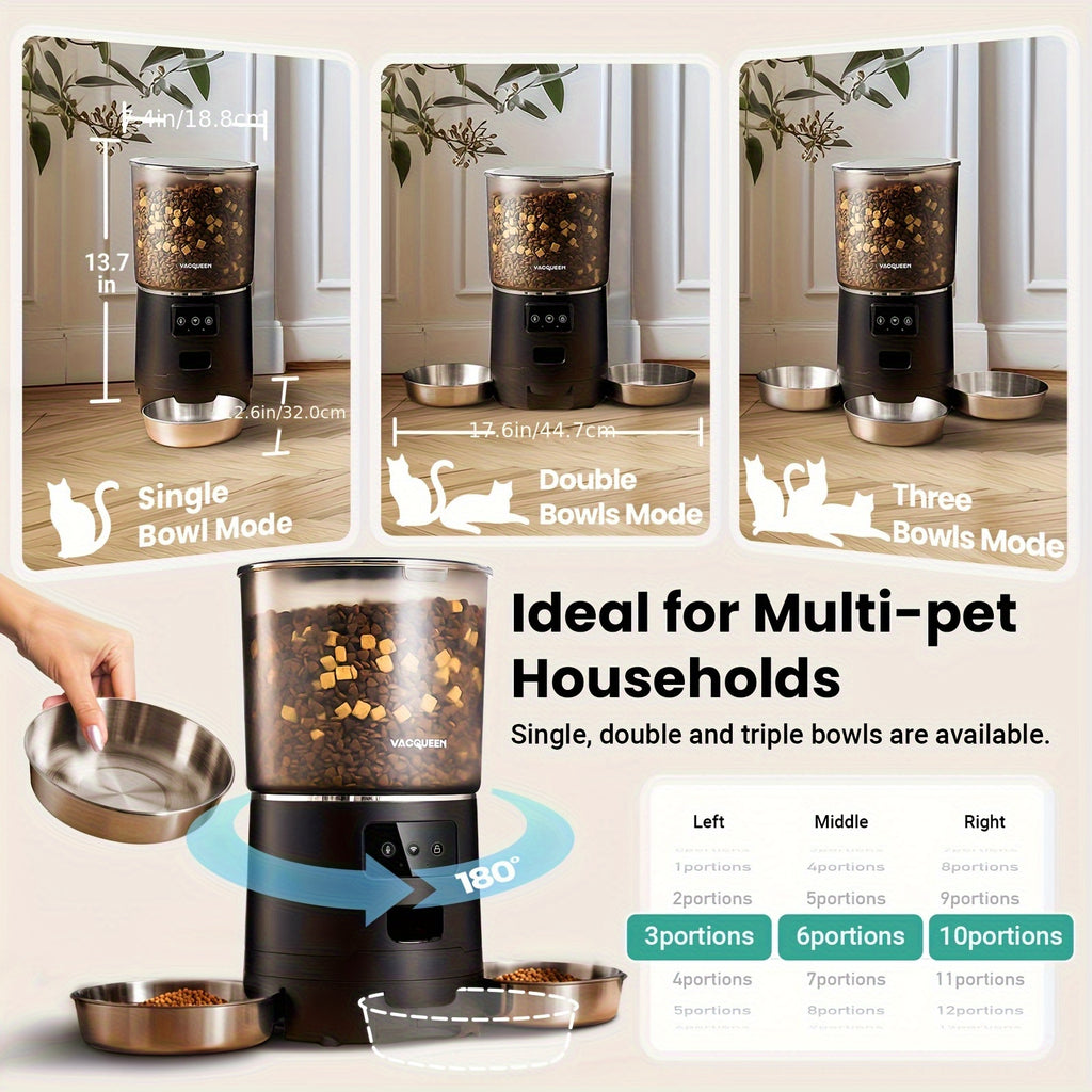 Smart WiFi Feeder with App Control & 1.59gal Large Capacity - 3- Dispenser with 3-Bowls System, Real-Time Monitoring, Auto Feeding Schedule, Plug (110-130V) for Multi- Households, Pet Waster Prevention, Dog Feeder Automatical