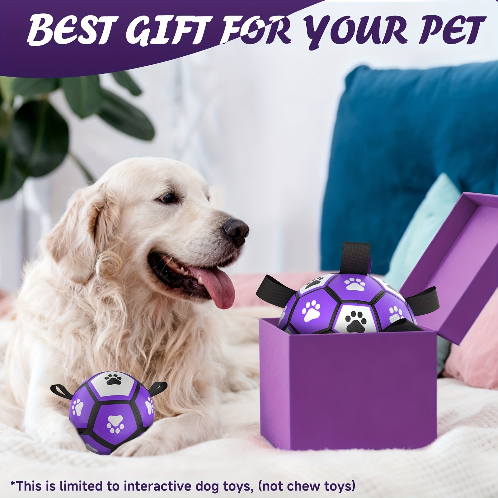 Durable Rubber Dog Soccer Ball with Straps - Interactive Chew-Resistant Pet Toy for All Breed Sizes, Purple & Black with Paw Print Design, Indoor/Outdoor Play & Training, Dog Ball Toy, Large Surface Area