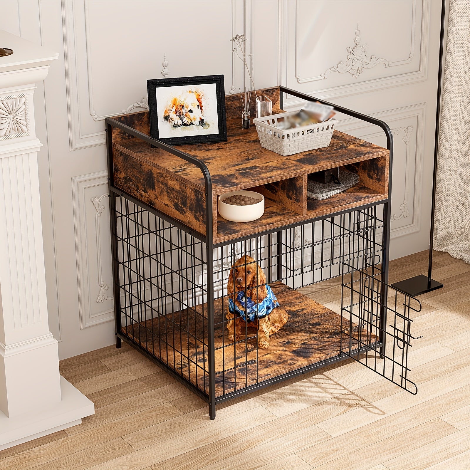 Saudiism Dog Crate for Small Dogs - Heavy-Duty Wooden with 2 Drawers, Sturdy Metal Frame & Soft Interior, Portable Pet Bed for Puppies, Collies, Poodle, Puppy Crate, Pet Bed, Classic Pet Furniture, Durable Pet Furniture