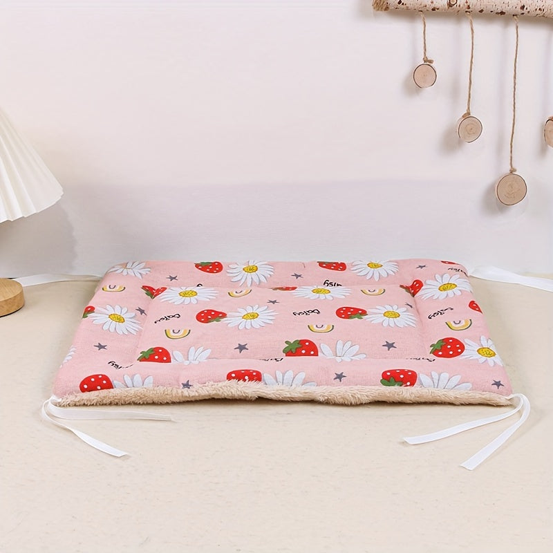 1 Piece Reversible Plush Cartoon Print Pet Bed - Soft Polyester Square Mat with Tie Straps, Polyester Fiber Filled for Ultimate Comfort, Assorted Fun Patterns, Perfect for Small to Medium Cats