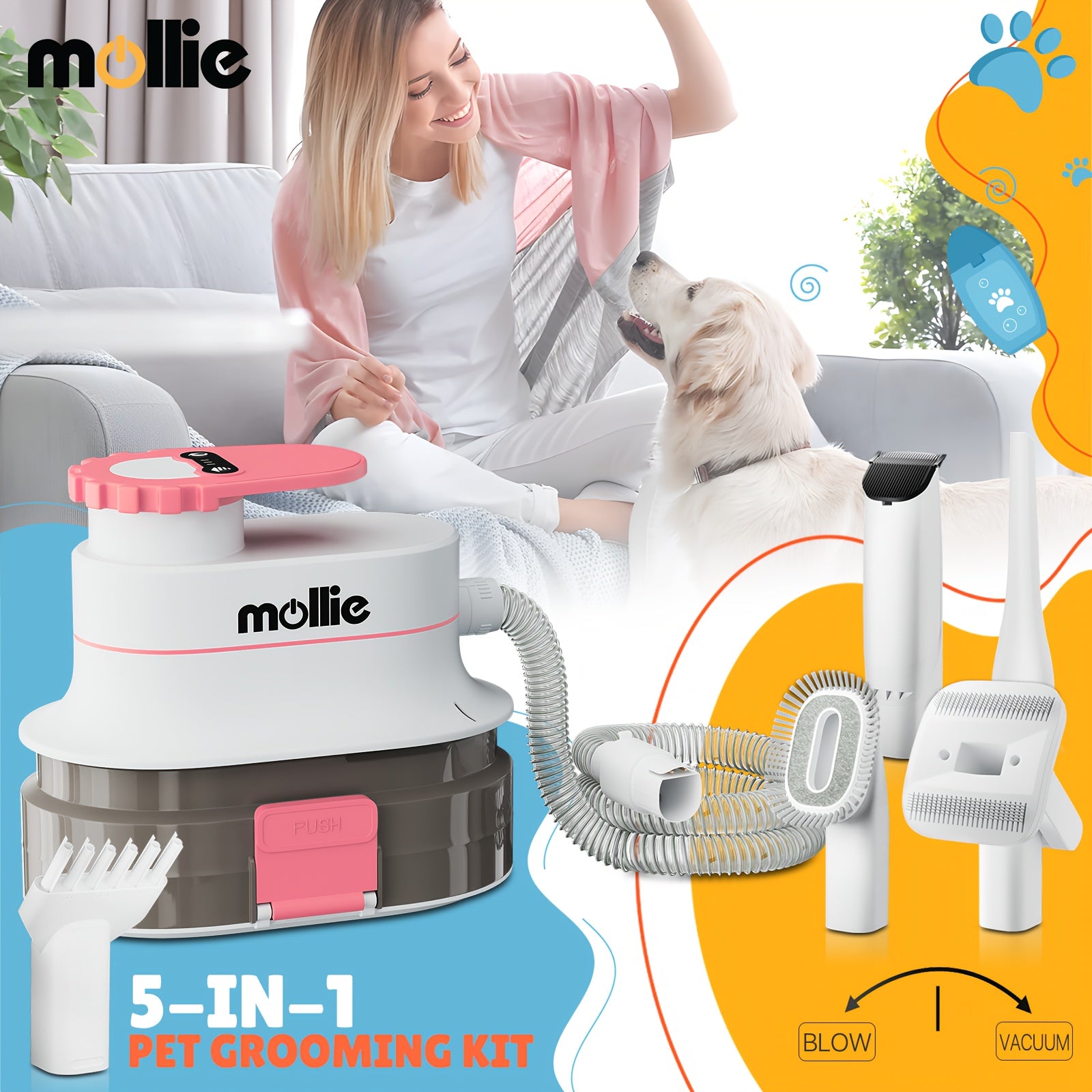 Dog Grooming Kit & Vacuum & Blow Dryer, Pet Grooming Vacuum with 6 Grooming Tools & Trimmer & Guide Combs, for Dog Cat And Other Animals