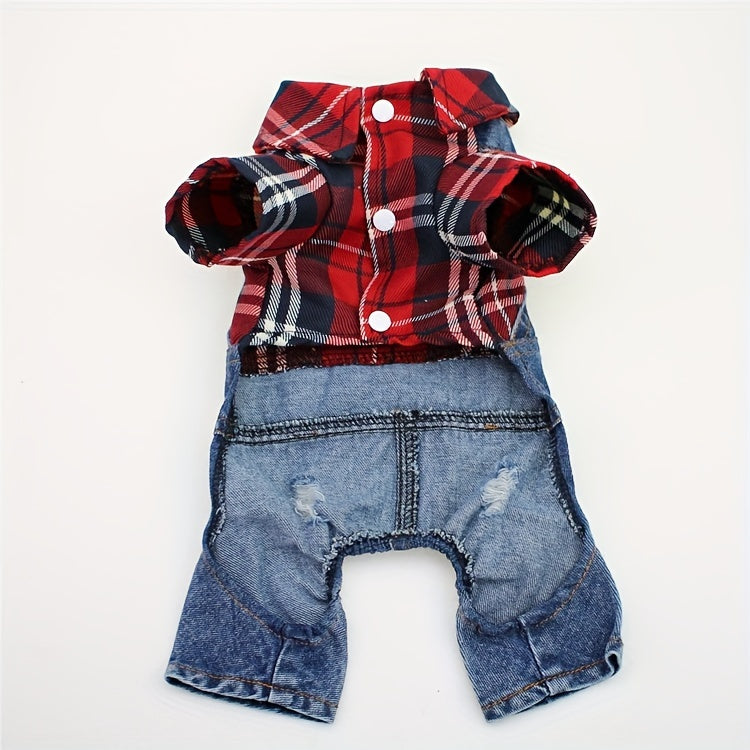 [Stylish Plaid Dog Jumpsuit] Cozy Plaid Denim Dog Jumpsuit - Stylish, Chic Button-Up Design for Small Breeds - Woven Fabric Pet Apparel
