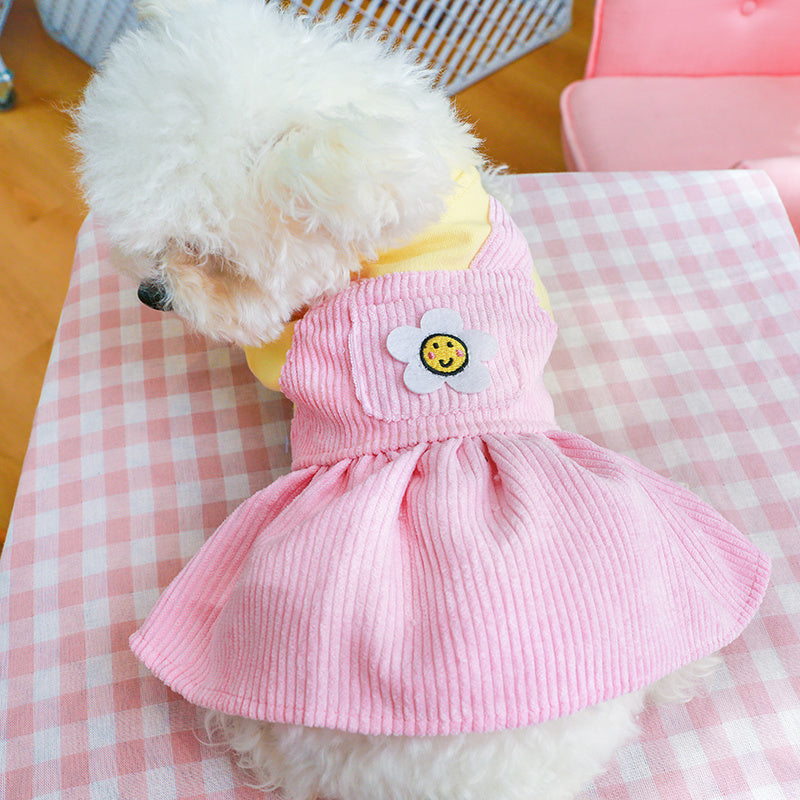 Pink Warm & Comfortable Knit Sunflower Couple Dog Dress - Cozy Pet Apparel for Small Breeds, Fall/Winter