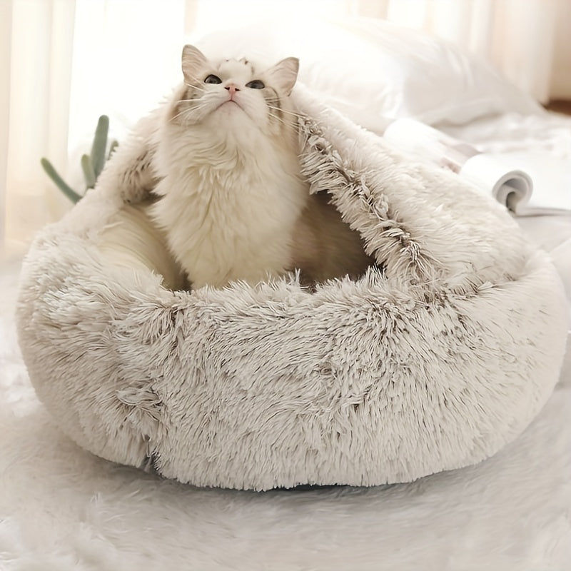 Cozy Luxurious Plush Donut Pet Bed - Hooded, Non-Slip Bottom, Easy to Clean - for Cats & Small Dogs, Perfect for Winter Comfort