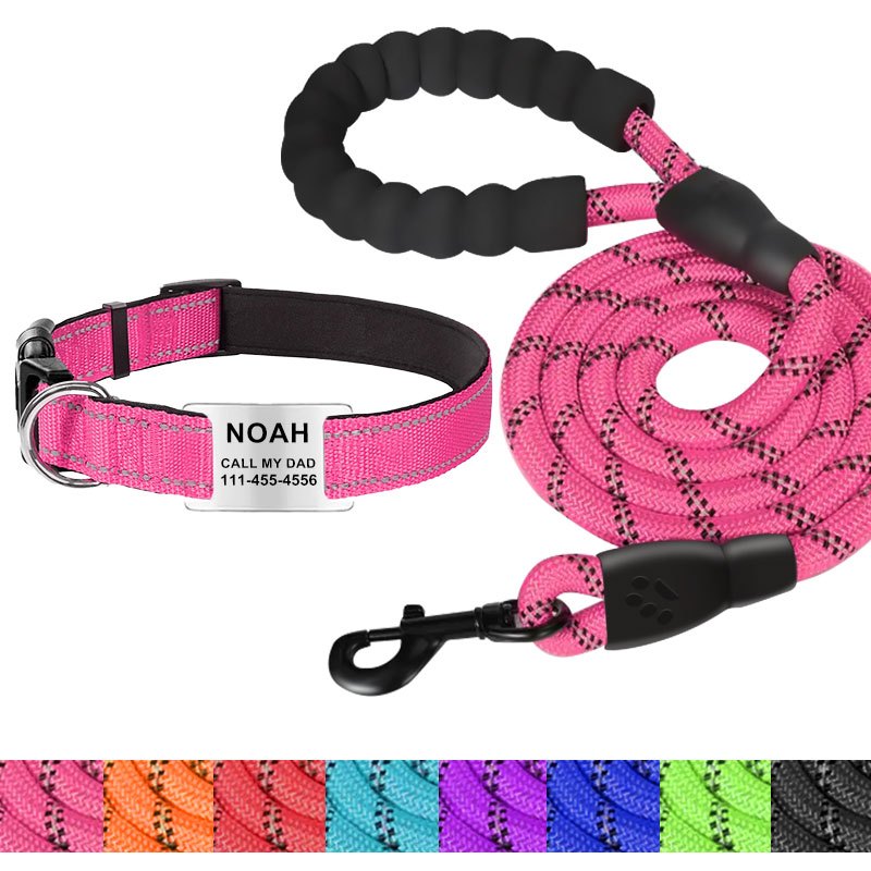 [Durable Adjustable Dog Leash] Custom Engraved Reflective Dog Collar with Name Tag, Personalized Polyamide Pet Collar, Durable Adjustable Collar with Leash for Dogs