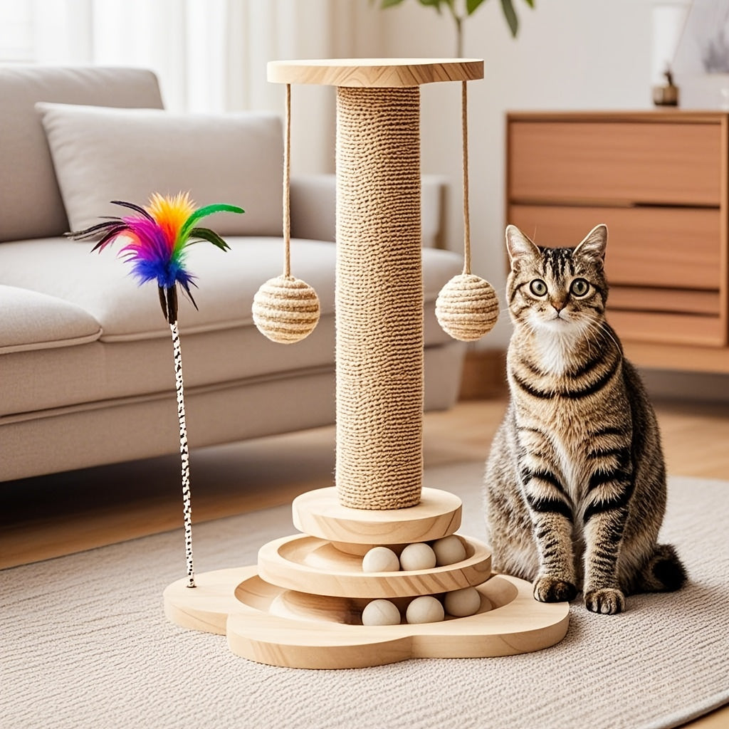 [Sisal Cat Scratching Post] Durable Sisal Cat Scratching Post & Climbing Tower | Dual-Sided Scratching Pillar with Circular Platforms, Space-Saving Vertical Design, Natural Wood Base | Indoor Cat Tree Alternative, Pet Play St