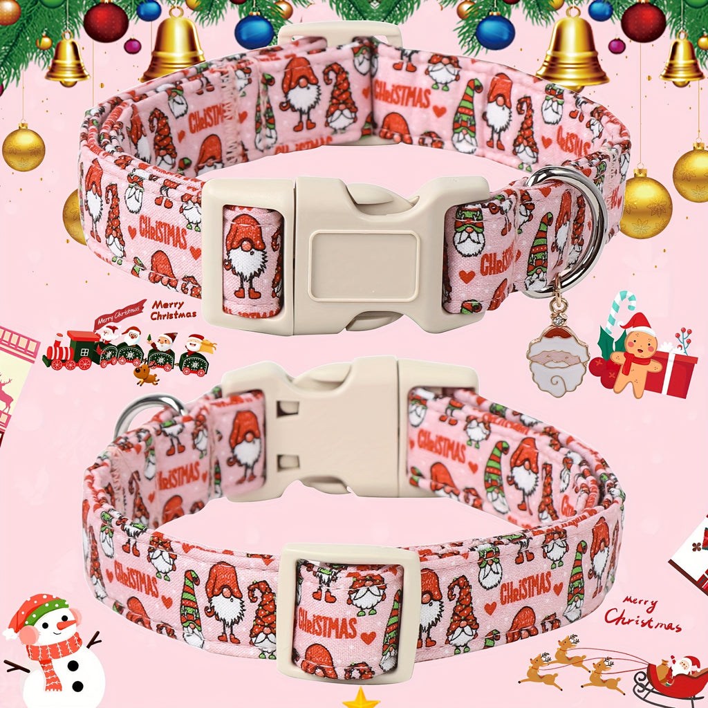 Festive Christmas Dog Collar with Santa & Snowman Prints - Adjustable, Soft Cotton Pet Collar for Small to Large Breeds - Includes D-Ring for Leash Attachment