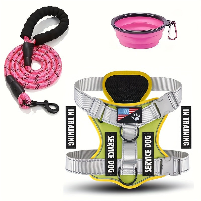 Service Dog Harness and Leash Set - Adjustable Soft Oxford Pet Harness with 1pc Folding Bowl, 5pcs Patches, Reflective Vest, Easy Control Traction Rope for Small Medium Large Dogs