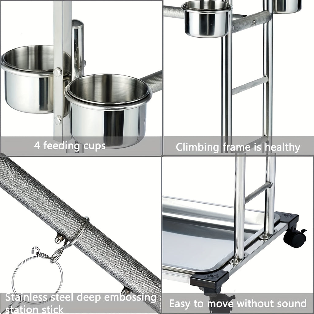 [Stainless Steel Bird Cage] 1pc Stainless Steel Foldable Bird Cage Stand - Parrot Stand with Gnawing Toys