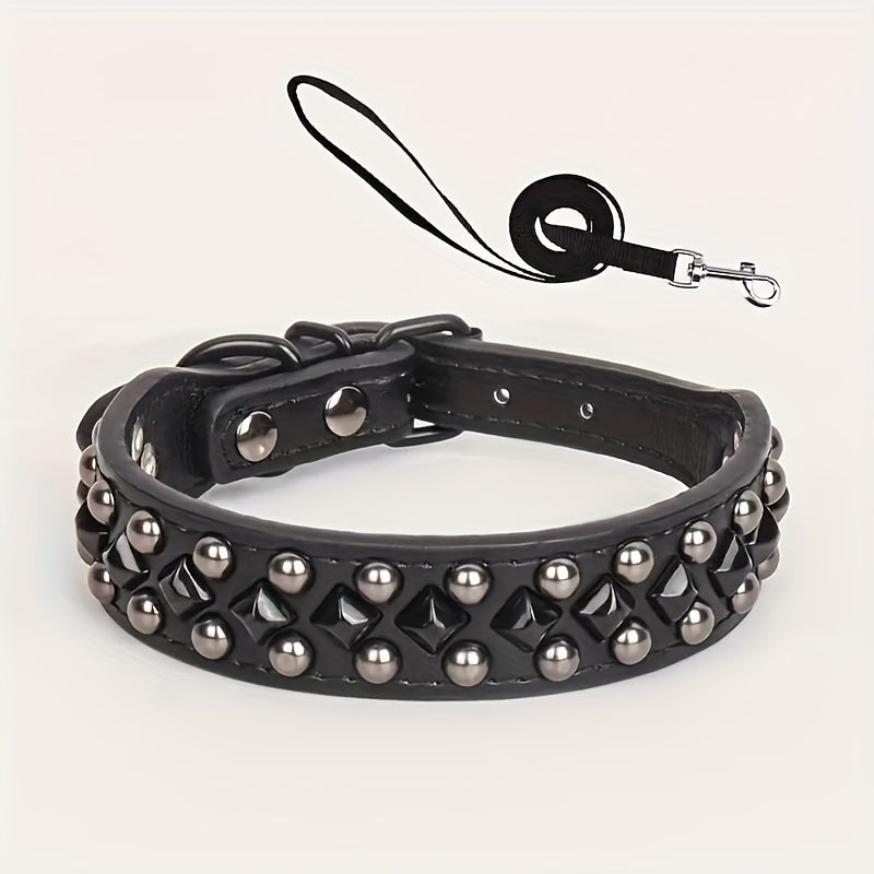 ECP037S Black Faux PU Leather Dog Collar And Leash Set - Comfortable, Durable Pet Accessories for Training & Walking