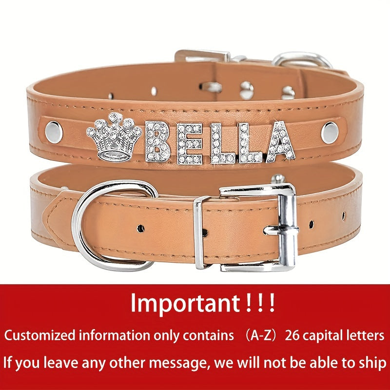 Personalized PU Leather Dog & Cat Collar with Sparkling Rhinestone ID Tag - Custom Name "Bella" or "Jamie" & Heart/Paw Print Design, Adjustable Fit for Small to Large Pets, Perfect Gift for Your Furry Friend