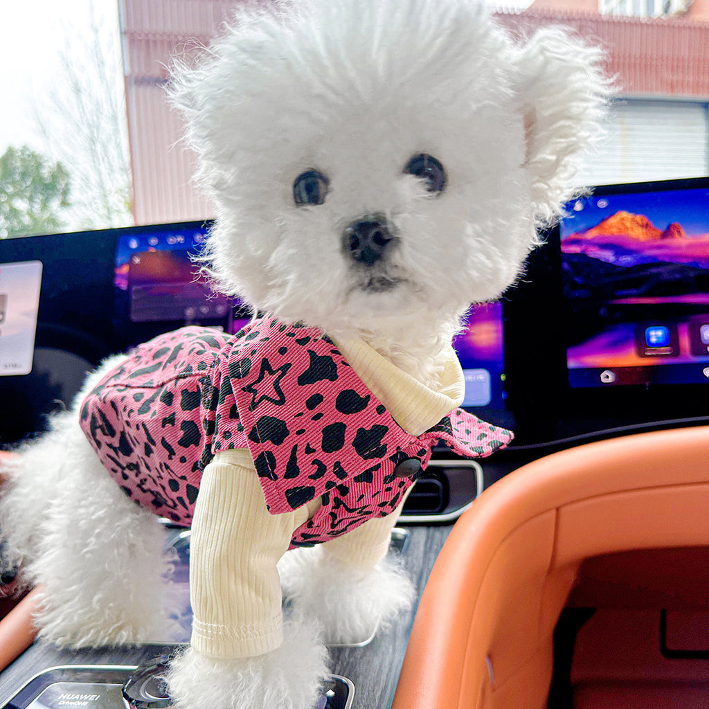 Small Breed Dog & Cat Fashionable Pink Leopard Print Denim Jacket, Comfortable Knit Fabric, Polyester, with Snap Button Closure for Pet Apparel