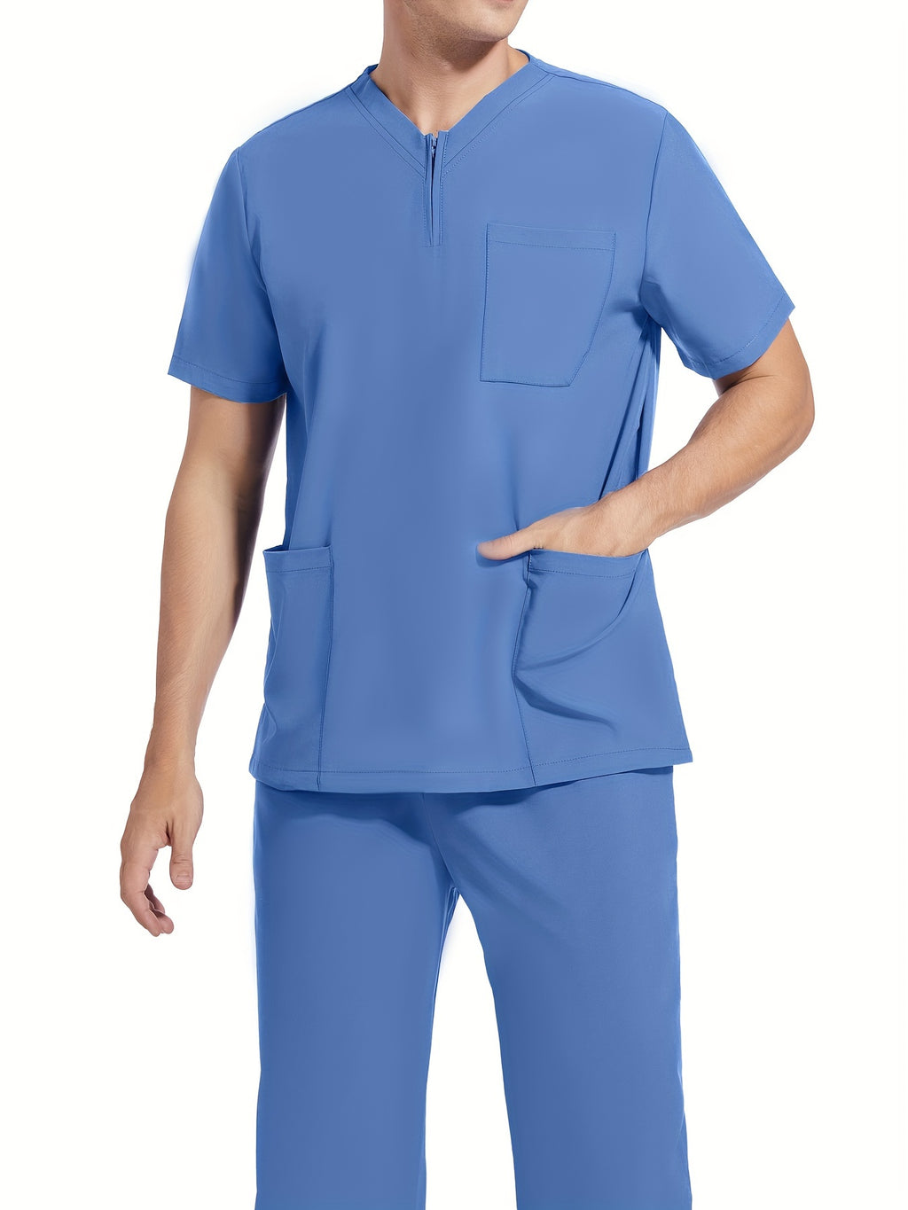 Men's Short Sleeve Summer Work Wear Set, Lab Coat, Pet Grooming Uniform, Breathable V-neck Top With Pockets And Long Pants Outfit