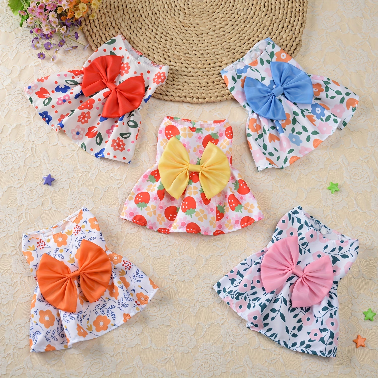 5pcs Floral Princess Dress Set for Small Dogs & Cats - Breathable Summer Pet Apparel with Bowknot, Ideal for Yorkies, Bulldogs, Bichons, Pomeranians, Chihuahuas, for Autumn, Spring