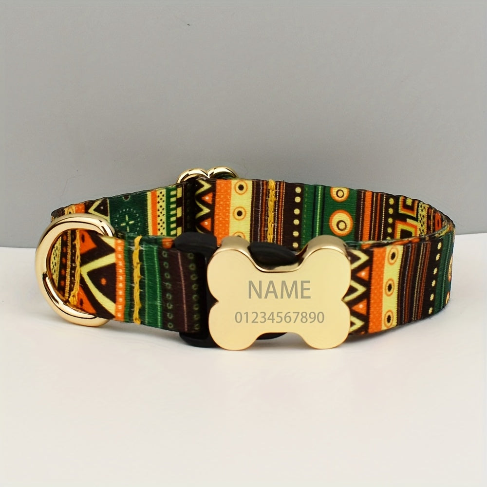 [ Customization ] Personalized Ethnic Style Pet Collar With Metal Bone Buckle, Customized Name And Phone Number Dog ID Tag, Suitable For Large/medium/small Dogs, Easy To Fasten And Release - Soft, Adjustable Pet Accessories -