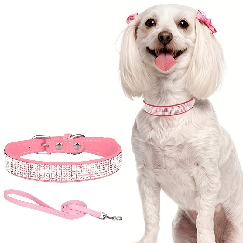 [Adjustable Bling Dog Collar Set] Bling Collar for Dogs, Durable Polyester Adjustable Pet Collar with Rhinestones and Matching Leash Set, Soft-Lined Neck Strap for Small to Large Dogs