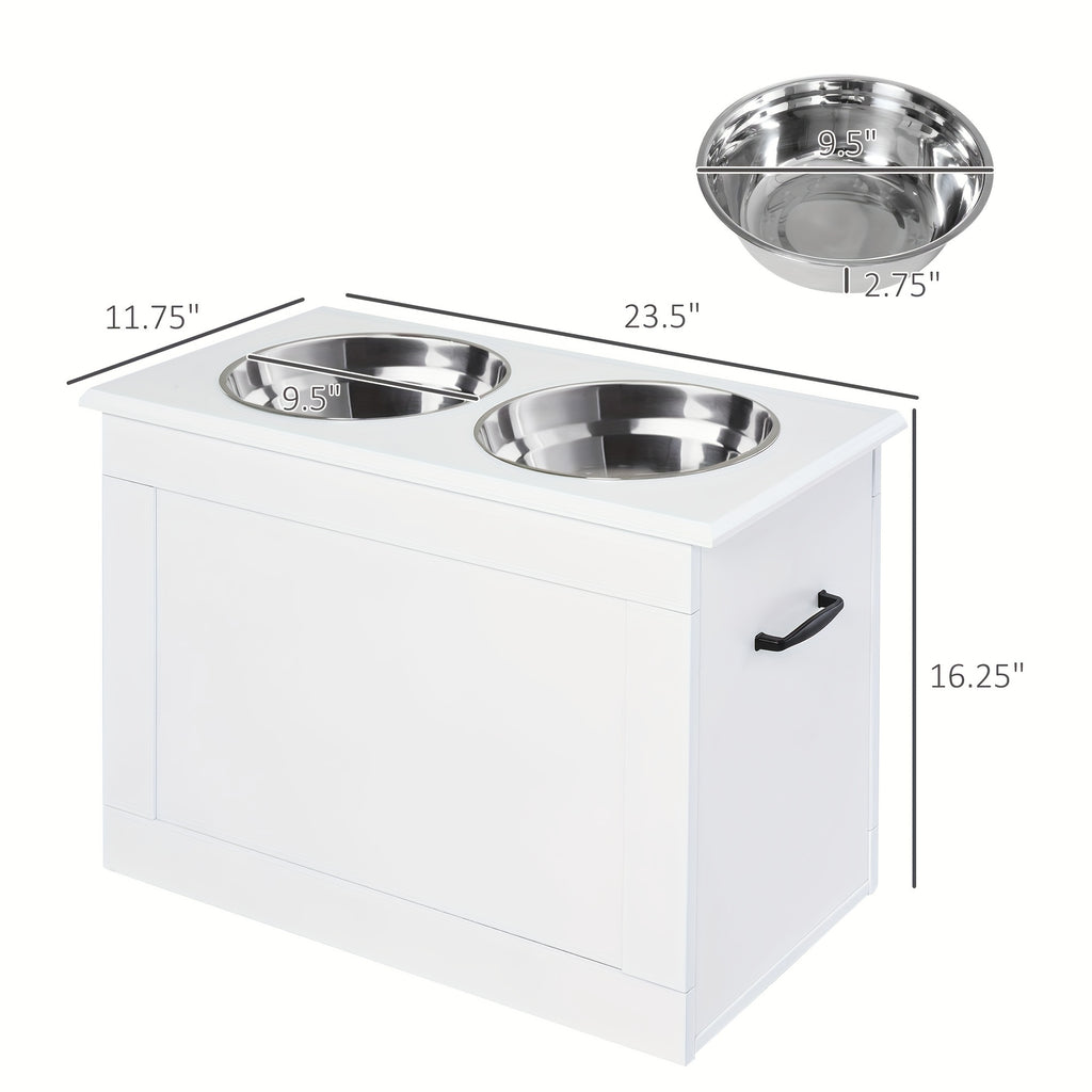 PawHut Raised Pet Feeding Storage Station With 2 Stainless Steel Bowls Base For Large Dogs And Other Large Pets, White