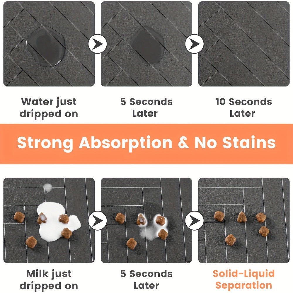[1pc Fast-Drying Pet Feeding Mat] 1pc Fast-Drying Diatomaceous Earth Pet Feeding Mat | Splash-Proof, Absorbent, Easy to Clean for Dogs and Cats, Herringbone Pattern with Paw Print Design, Black, Washable