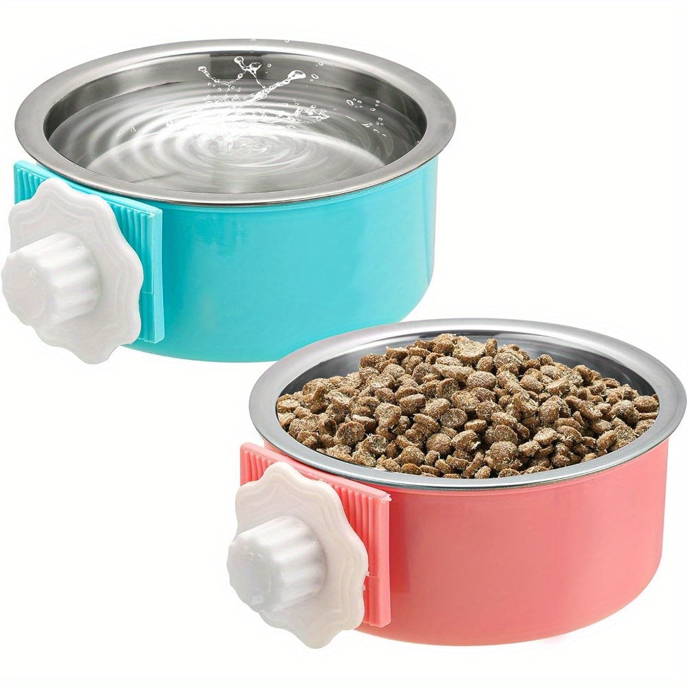 2pcs Removable Stainless Steel Hanging Pet Bowls for Crate - Easy Clean Food & Water Feeder with Non-Slip Base, Clamp Holder & Raised Edge Design for Small Dogs, Cats, Rabbits, Guinea Pigs, Pet Feeding Station | Detachable Bo